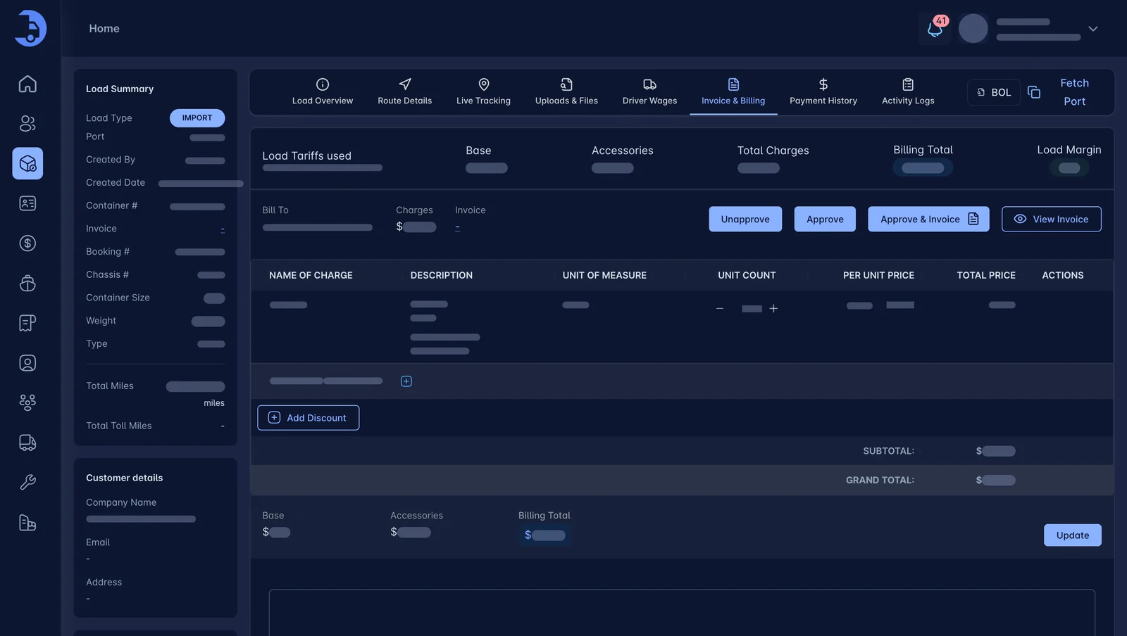 LoadPilot invoice and billing screen with charges and totals