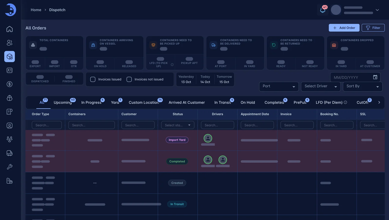 LoadPilot Dispatch screen with order counts, status tabs and assigned drivers
